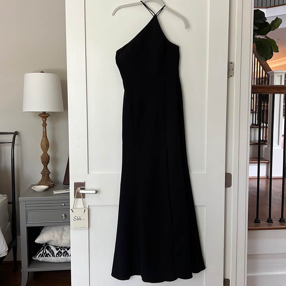 Aqua Dresses Black one shoulder formal gown with slit size 2